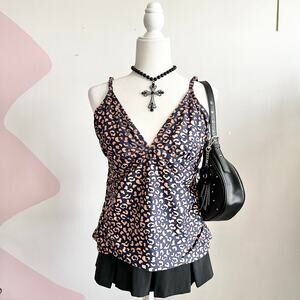 Navy Beige Leopard‎ Print Tankini, Retro, 2000s Resortwear, Bimbo, XL, Vacation
